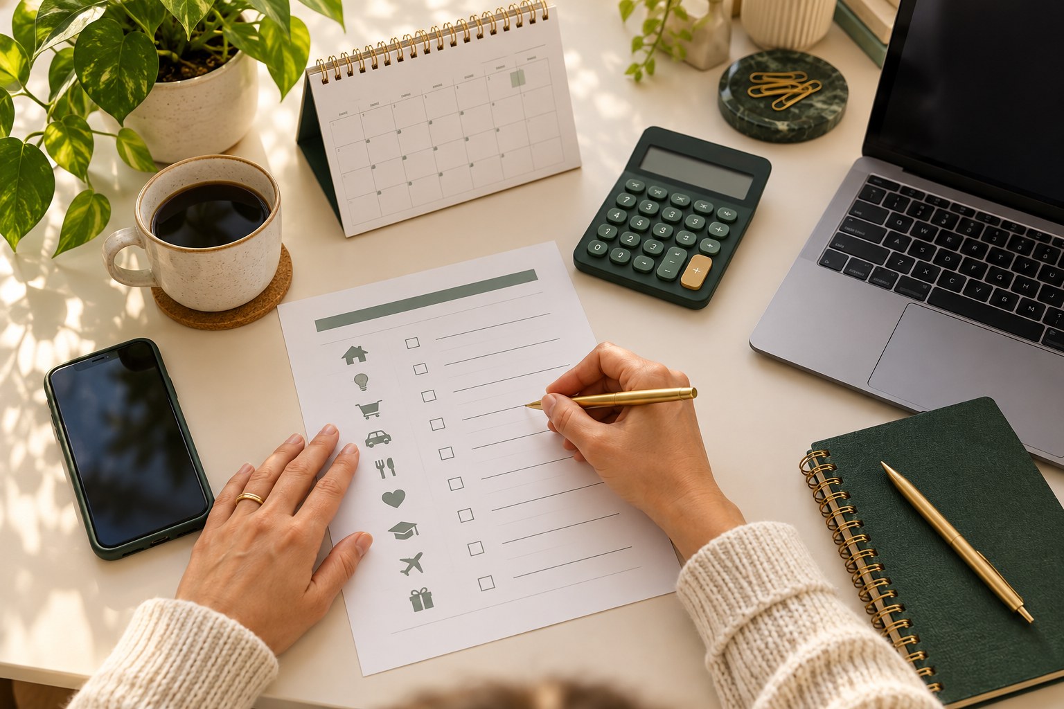 Expense checklist, calculator and calendar used to review recurring subscription charges