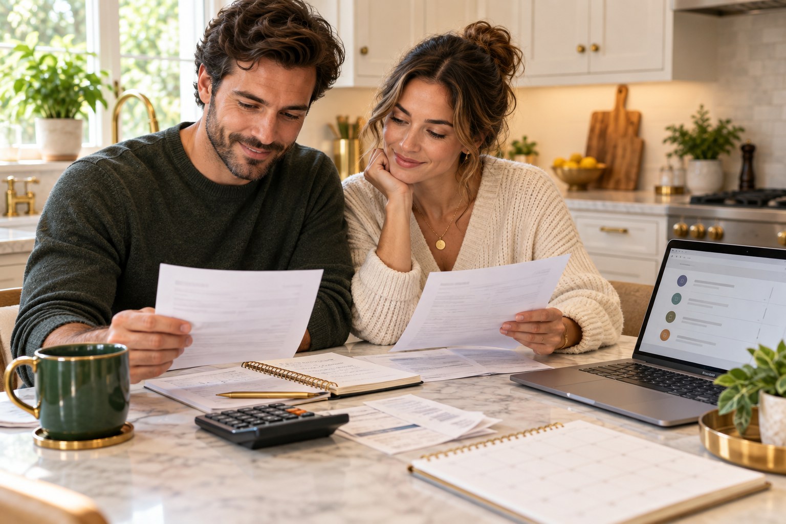 Couple reviewing household bills to identify and cancel subscriptions they no longer use