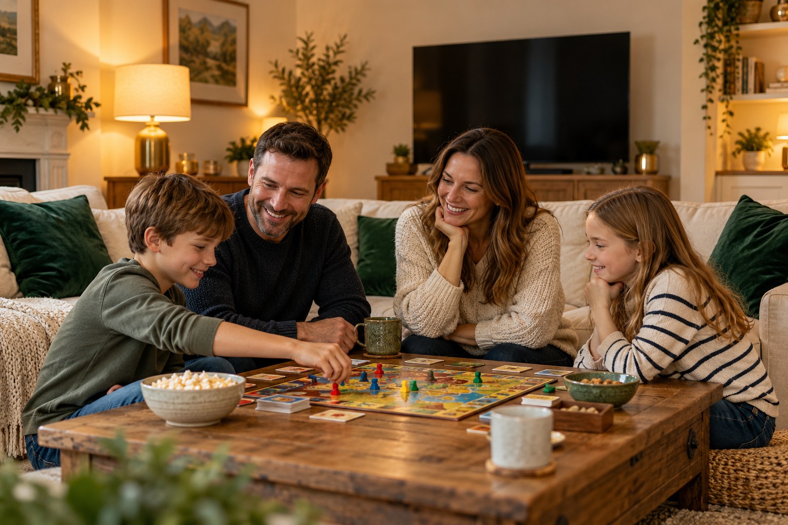 Family enjoying a board game together with the television switched off