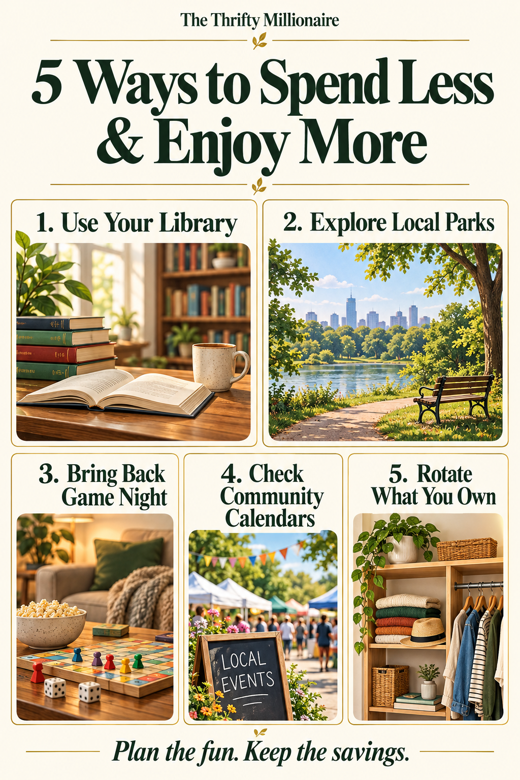 Five ways to spend less and enjoy more: use your library, explore local parks, bring back game night, check community calendars, and rotate what you own.