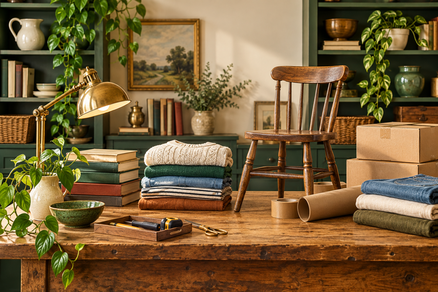 Books, clothing, a vintage lamp, and a wooden chair arranged as potential resale inventory.