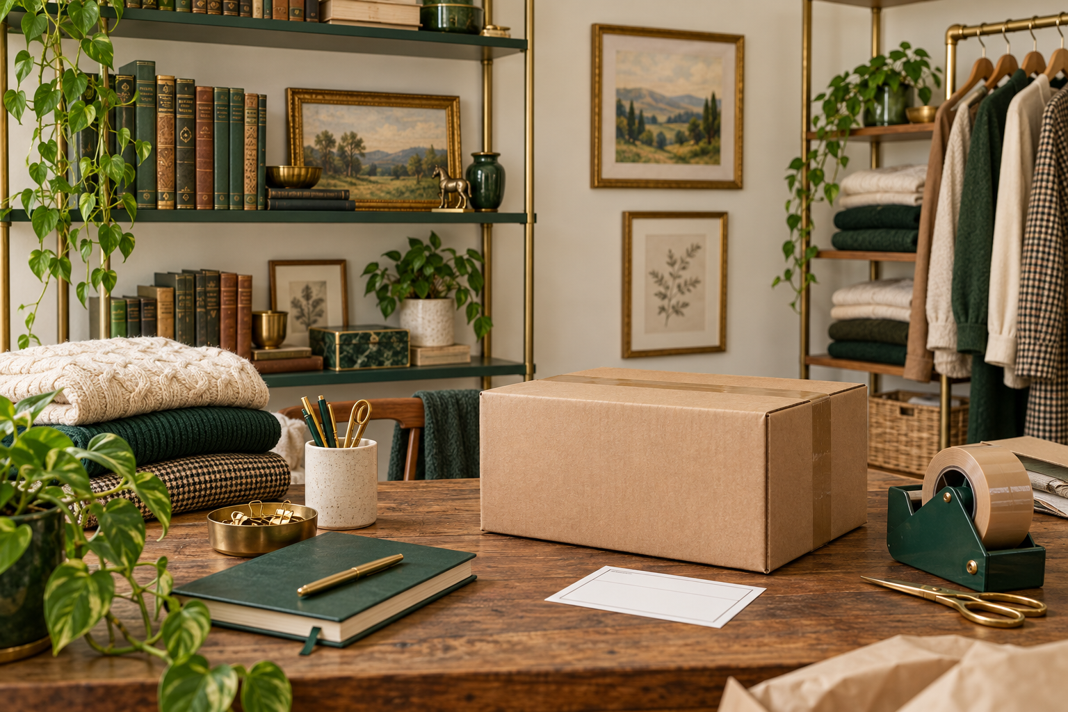 An organized resale packing station with a cardboard parcel, books, clothing, and shipping supplies.