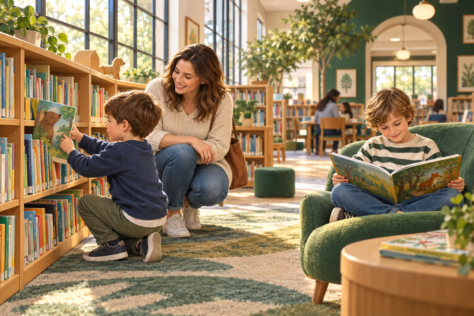 A parent and two children choose and read picture books in a welcoming public library.