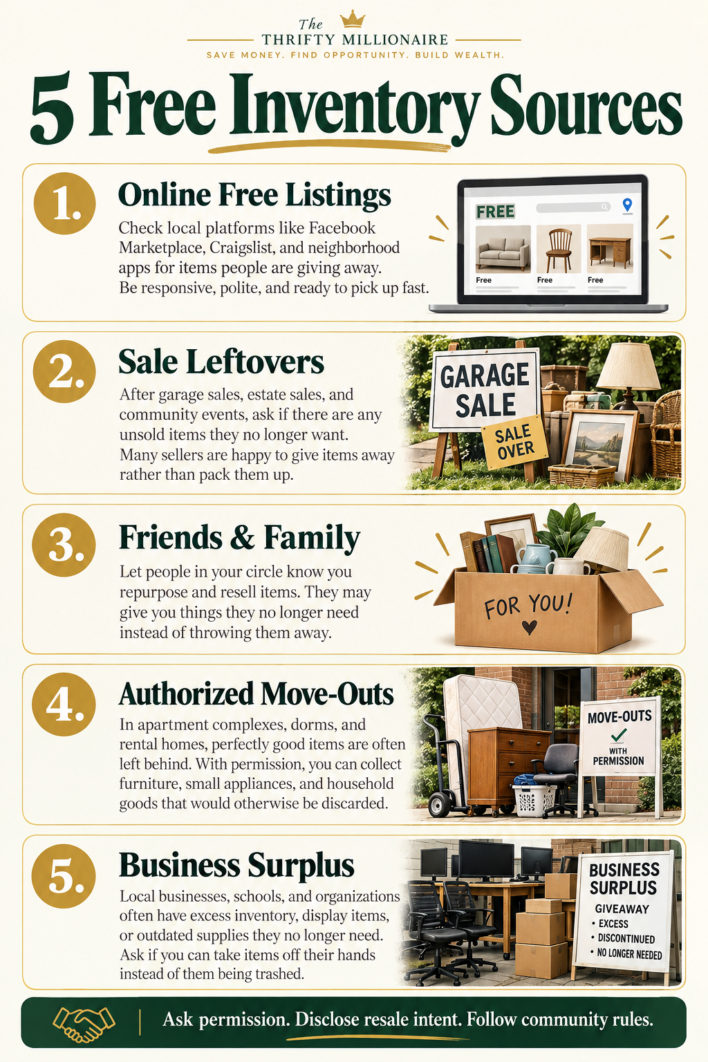 Five free inventory sources: online listings, sale leftovers, friends and family, authorized move-outs, and business surplus. Ask permission and disclose resale intent.
