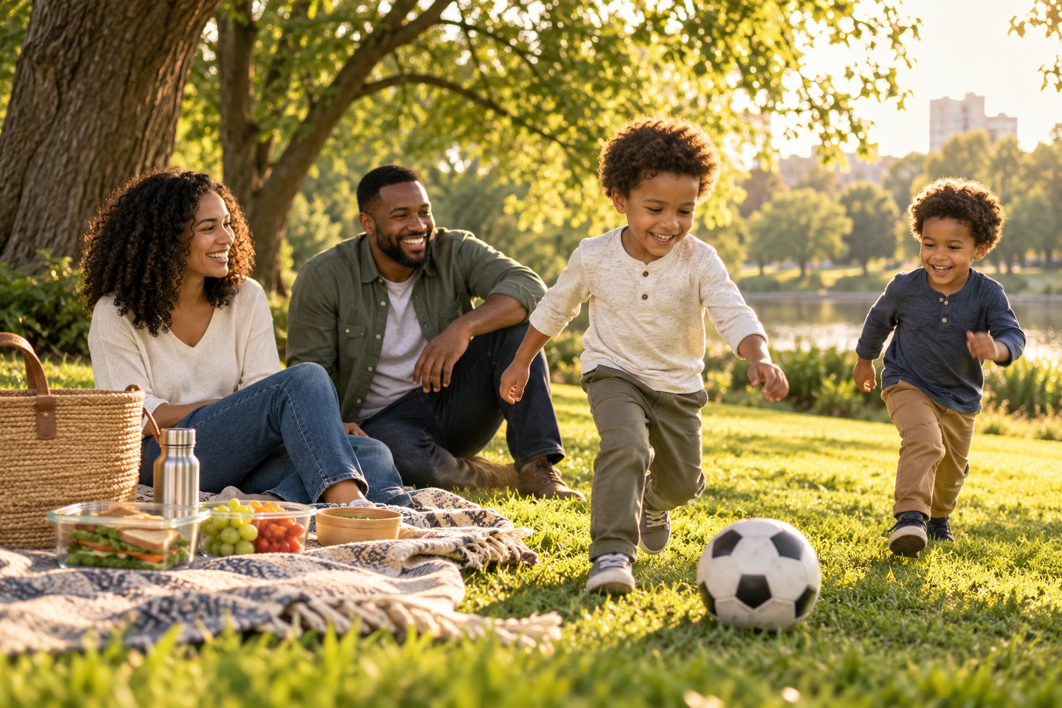 A family enjoys a picnic while two children play with a ball in a leafy park.
