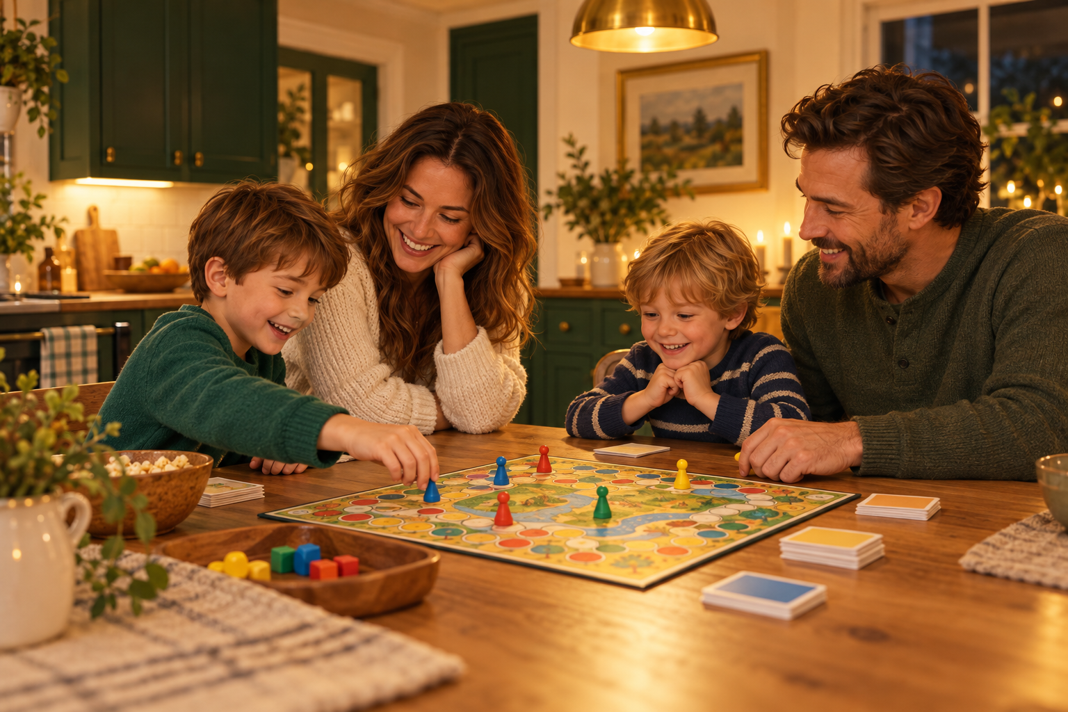 A family plays a board game together around a kitchen table.