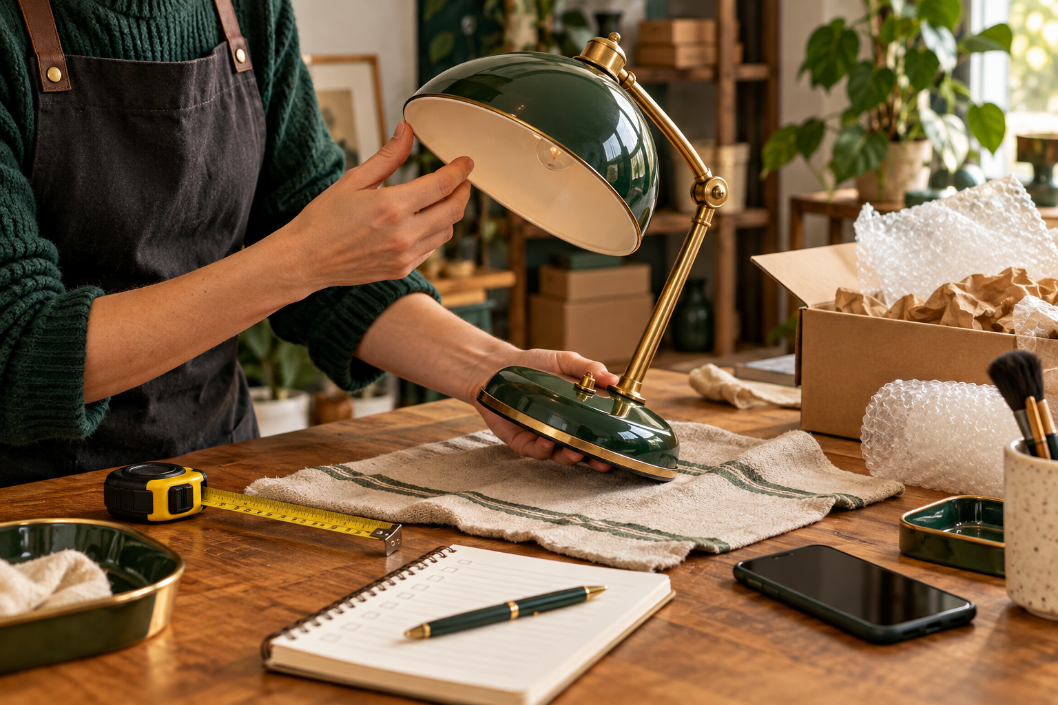 A reseller inspects a vintage green desk lamp beside a checklist and packing materials.