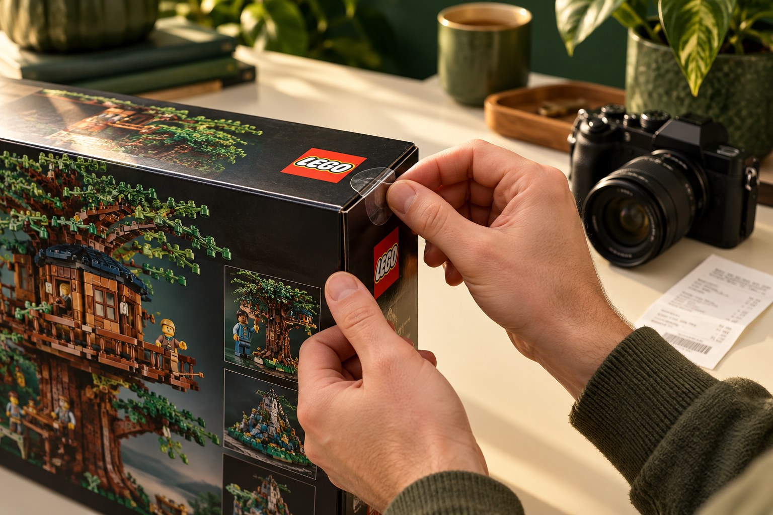 Hands inspecting the seal and box condition of a LEGO set before resale