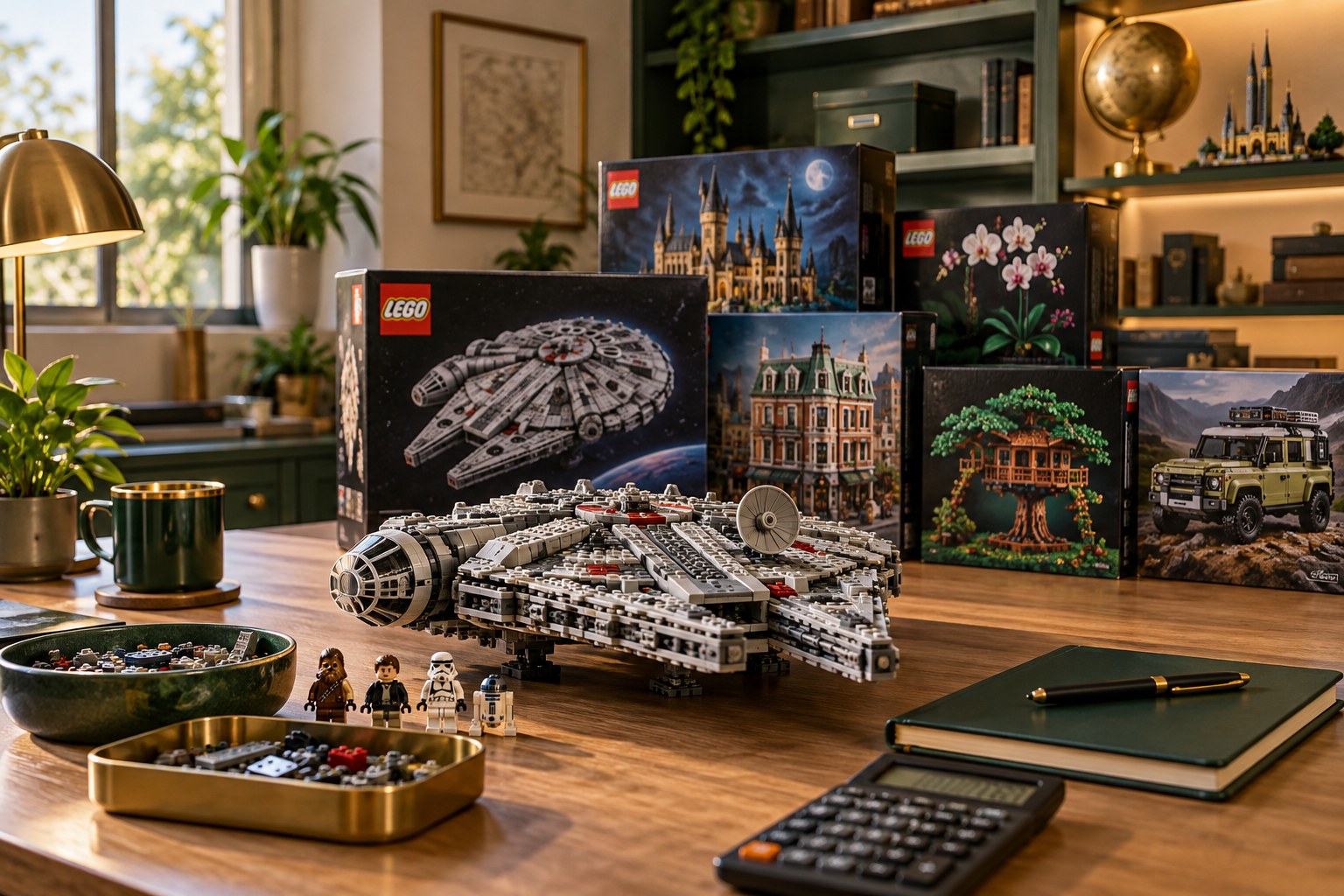 LEGO investing workbench with boxed sets, a built spacecraft and a calculator
