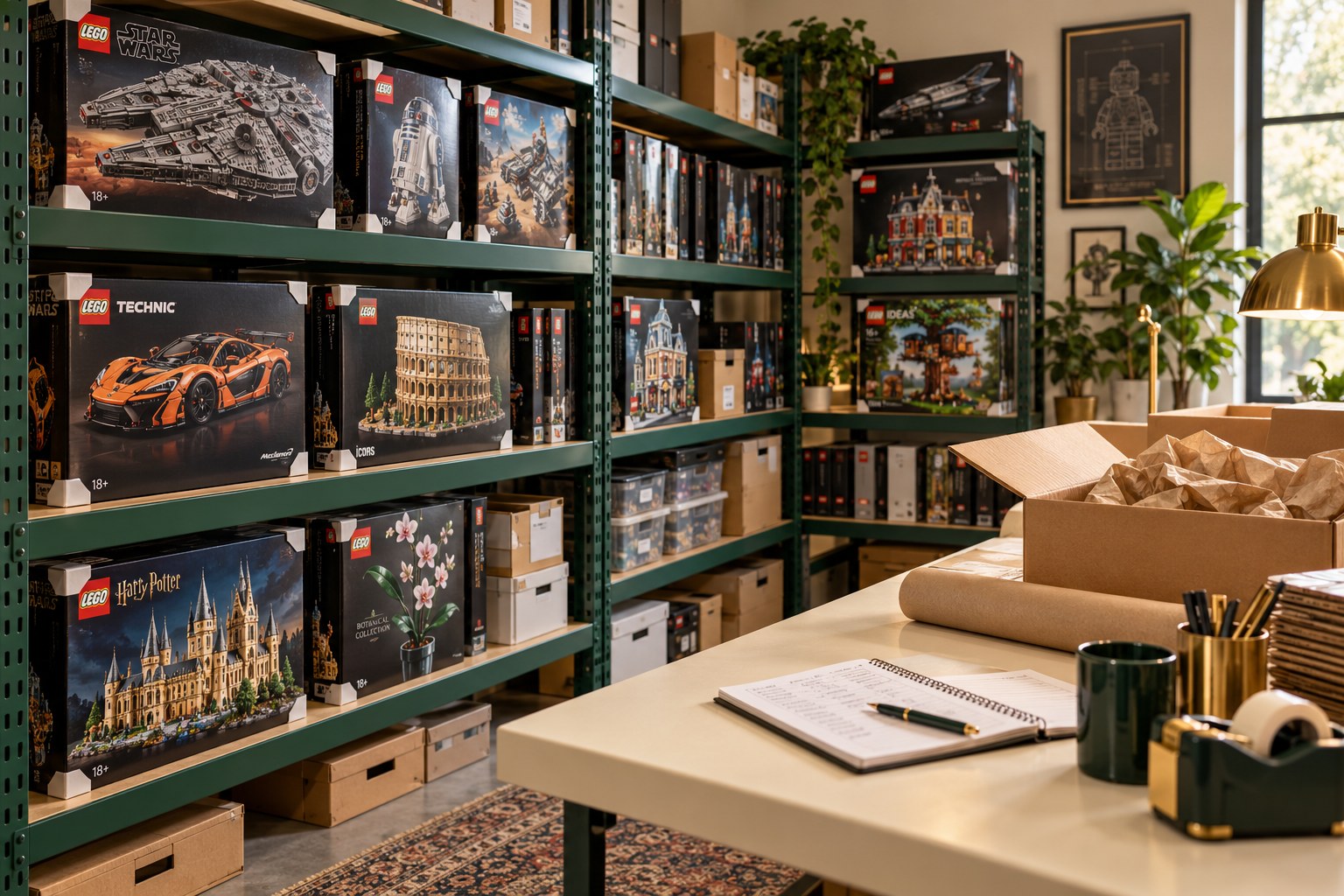 Boxed LEGO sets organized on sturdy shelves beside packing materials